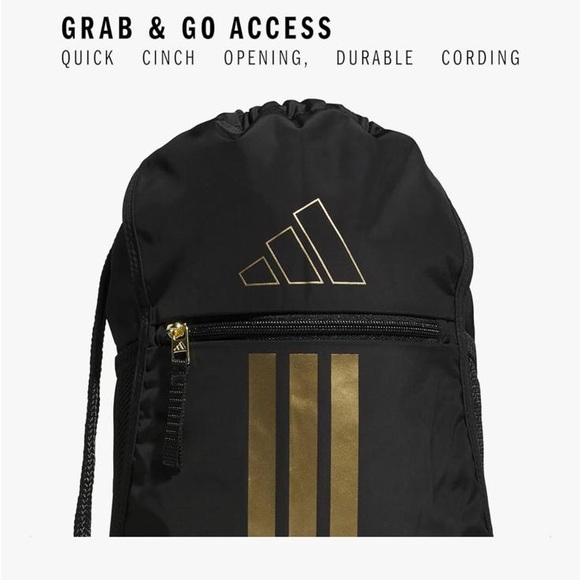 NWT Adidas Men's Women’s Kid’s Black Backpack with Gold Accents Cinch Bag - Picture 2 of 9